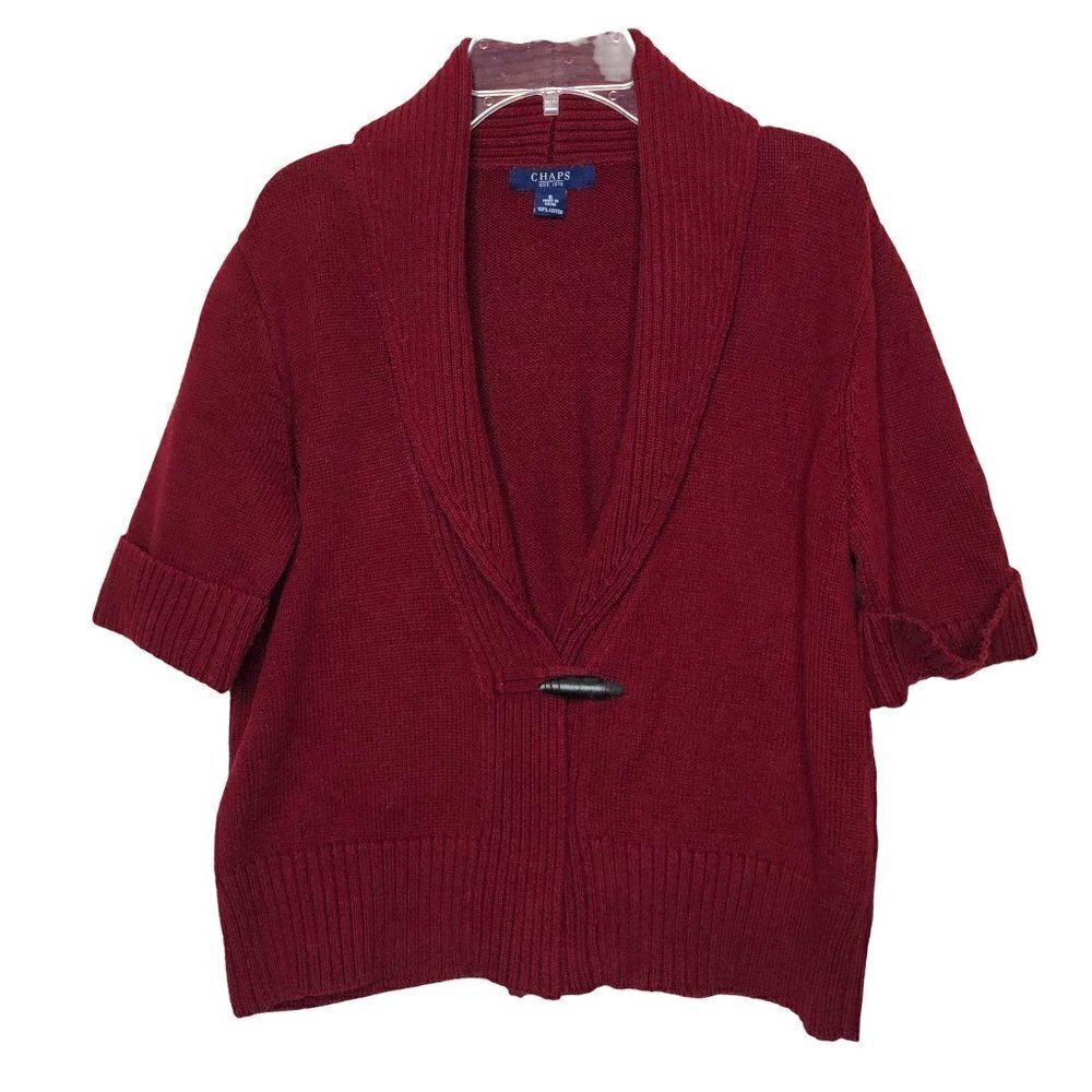 CHAPS 100% Cotton Burgundy Short Sleeve Button Front Cardigan Sweater Size Small